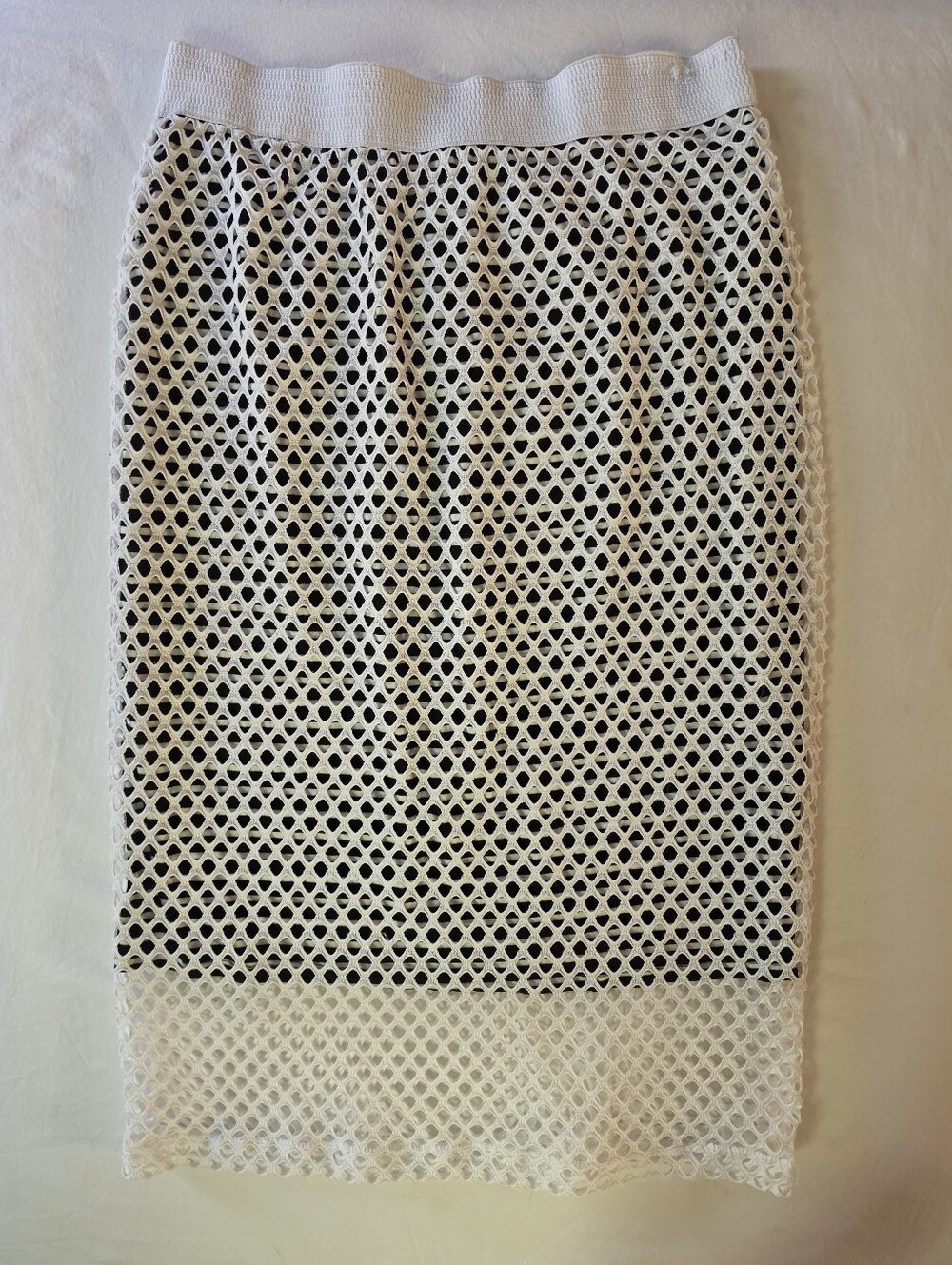 Bobeau White Fishnet Mesh Striped Lining Midi Pencil Skirt Elastic Waist L